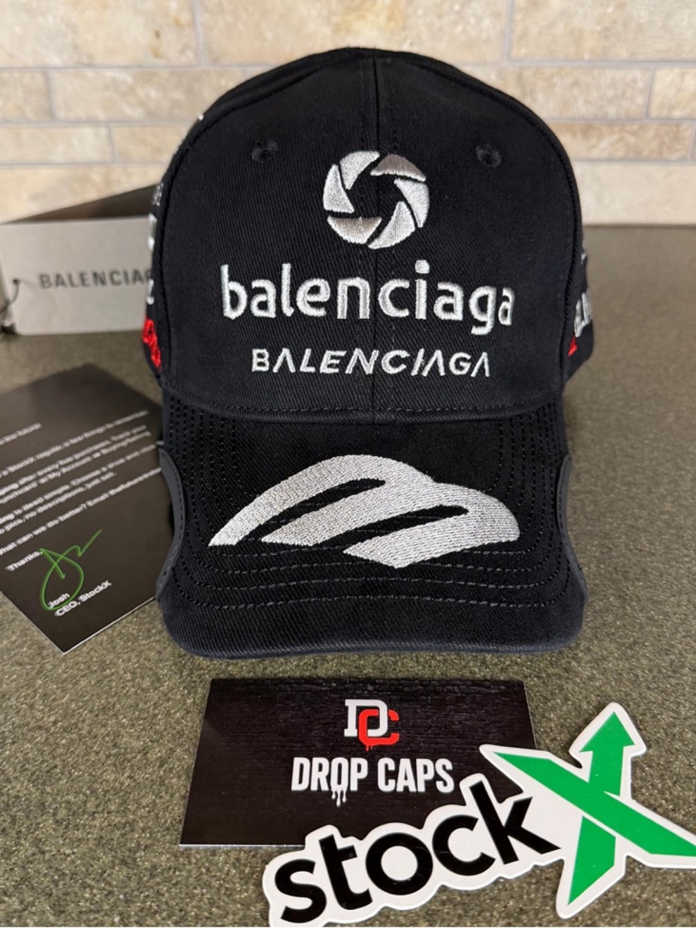 Balenciaga Black Cap with White & Red Embroidered Logos
